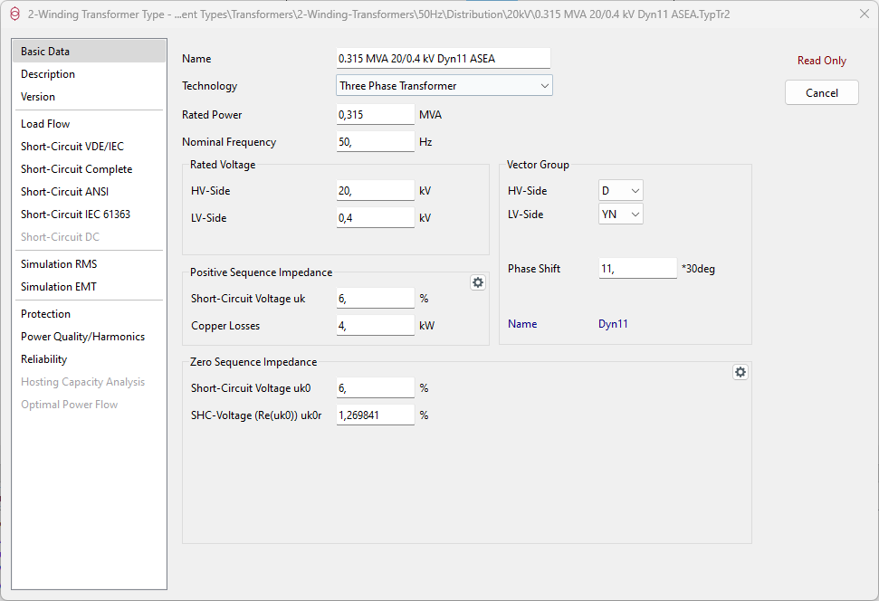 Two winding three-phase transformer basic data panel