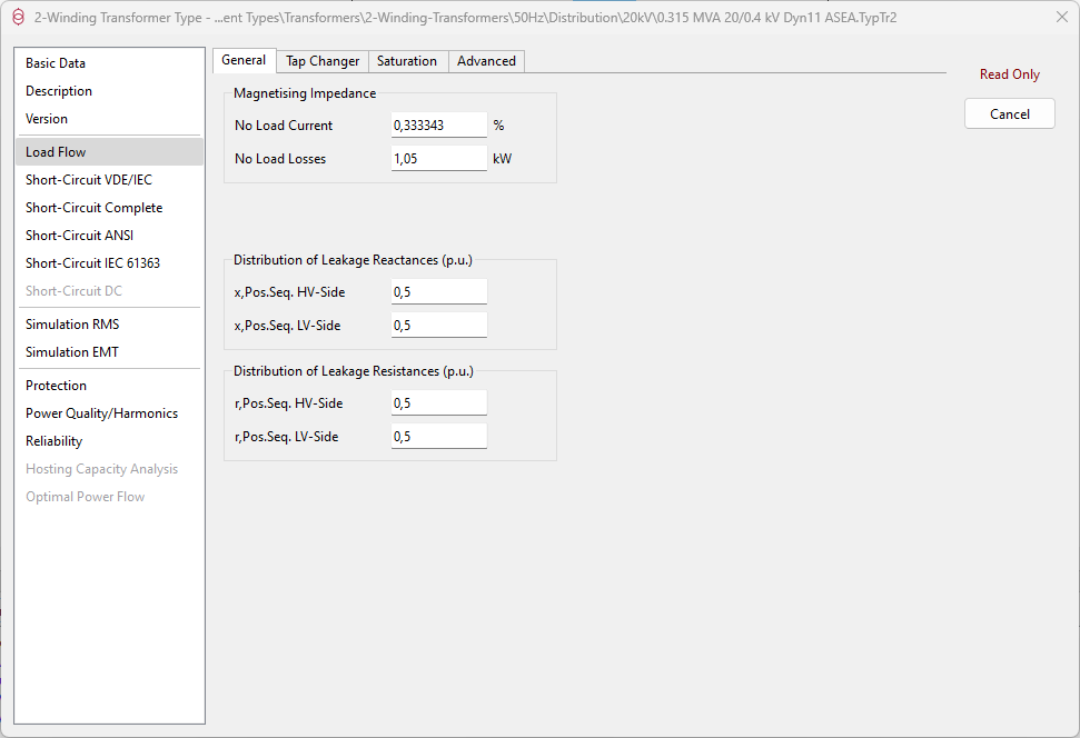 Two winding three-phase transformer load flow panel